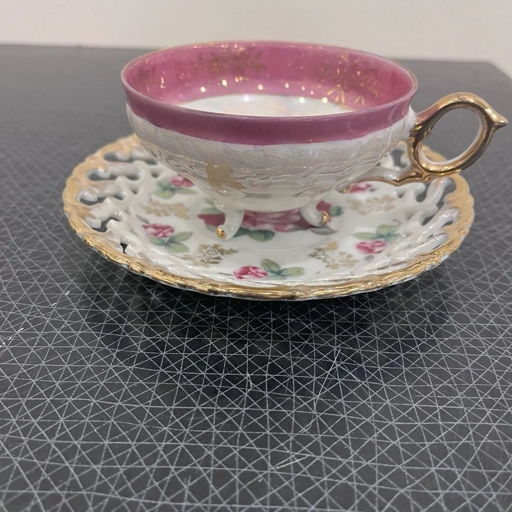 Vtg Nasco Japan Tea Cup Saucer Pink Roses Flowers Floral Golden Reticulated